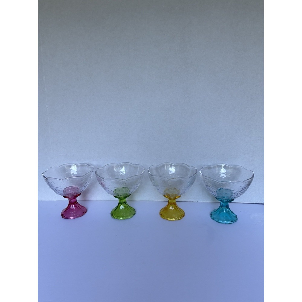 Vintage‎ Indiana Glass Kings Crown Dessert Bowls Set 4 Colored Stems Footed MCM